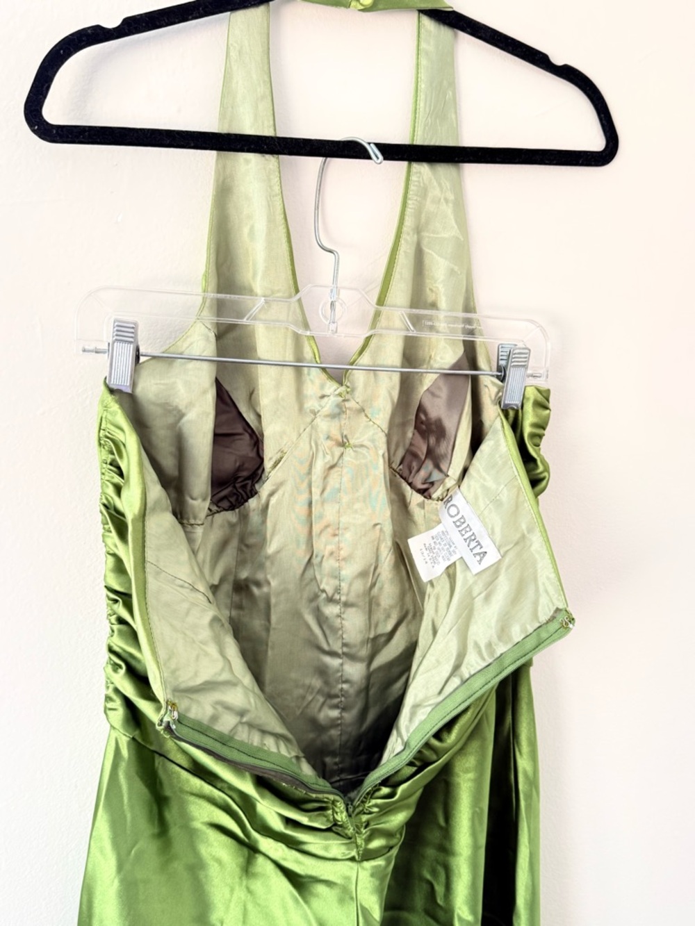 Vintage 90s Satin Slip Green Prom Dress Halter Rouched Maxi Gown Size 13/14 - Picture 4 of 17